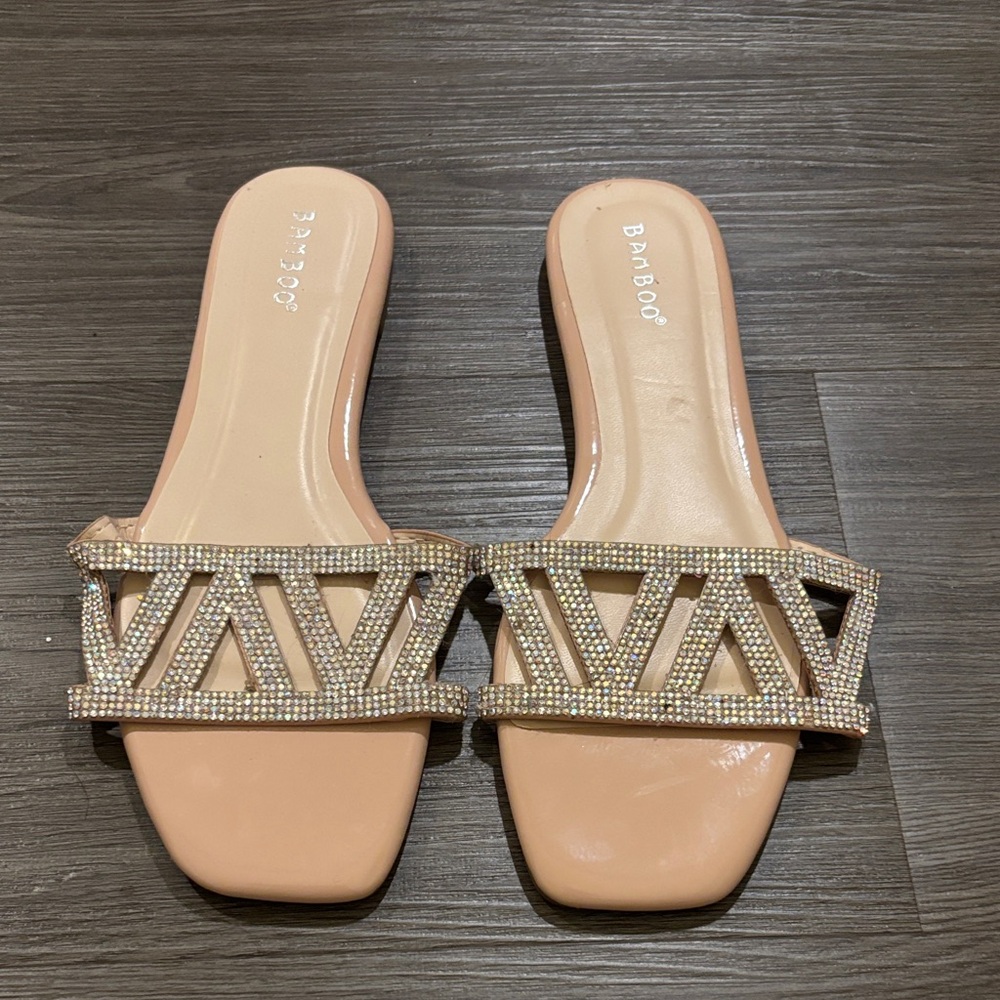 BAMBOO Beige Rhinestone Slide Sandals